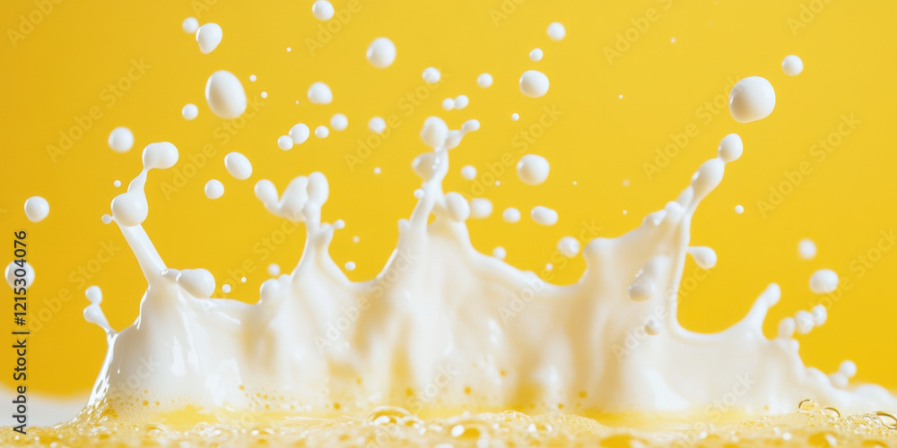 Poster a bright yellow liquid erupts and splashes in the air, creating a dynamic display of droplets and wa