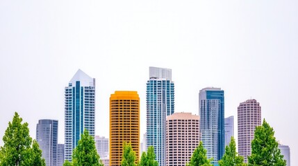 City skyline at dusk with buildings and vibrant colors in the sky reflecting off windows