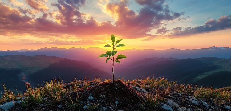 A sapling on a hilltop with a panoramic sunset sky symbolizing hope for global warming solutions