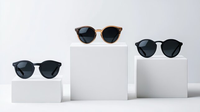 Different styles of sunglasses displayed on white pedestals in a minimalist setting showcasing summer fashion accessories - Powered by Adobe
