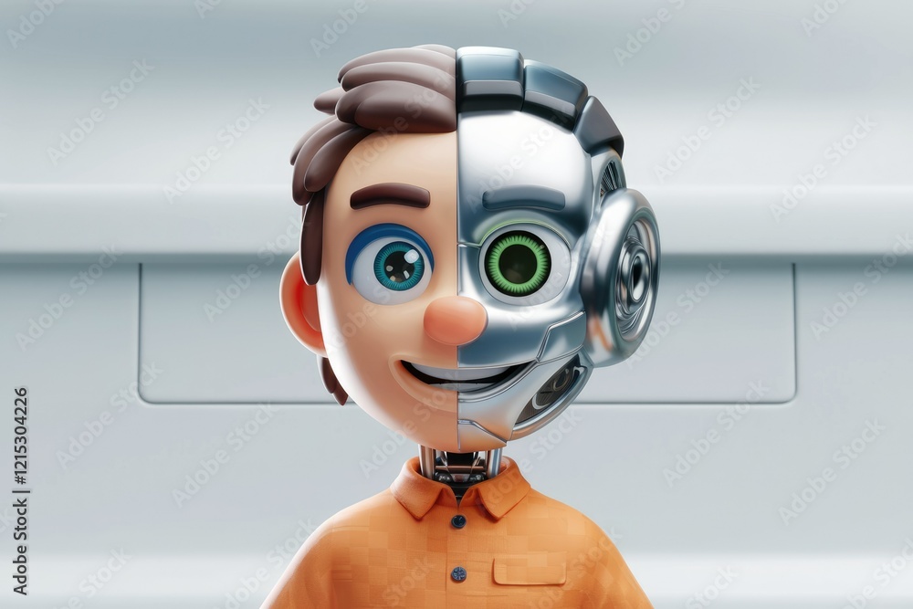 Poster a 3d-rendered boy with one half of his face replaced by robotic parts, creating a blend of human and