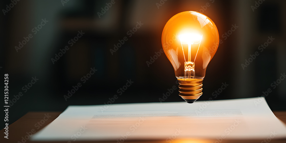Poster illuminating ideas: a glowing lightbulb hovers above a document, symbolizing inspiration and new con