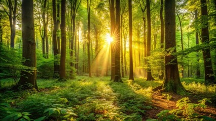 Obraz premium Dense foliage with sunlight filtering through trees creating a warm glow on the forest floor, tree canopy, dense foliage