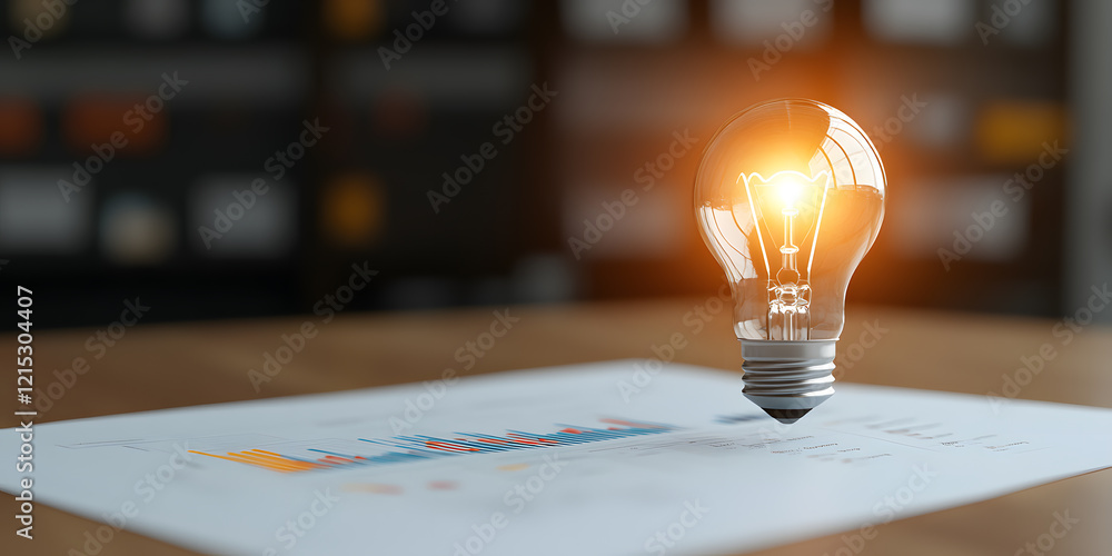 Poster brilliant idea! a glowing lightbulb hovers over a document displaying charts and graphs, symbolizing