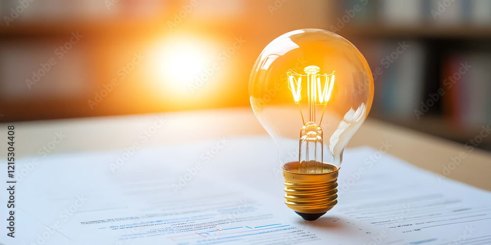 Poster brilliant idea: illuminated light bulb on documents, symbolizing innovation and problem-solving. a c
