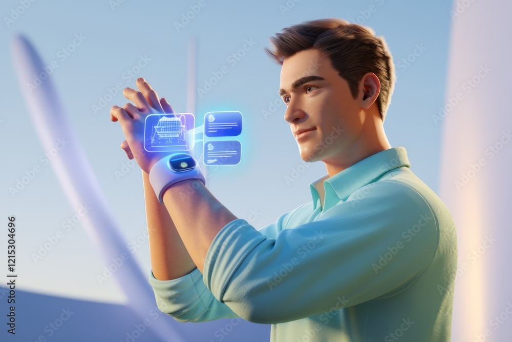 Poster A man interacts with a futuristic smartwatch displaying holographic building data and information.