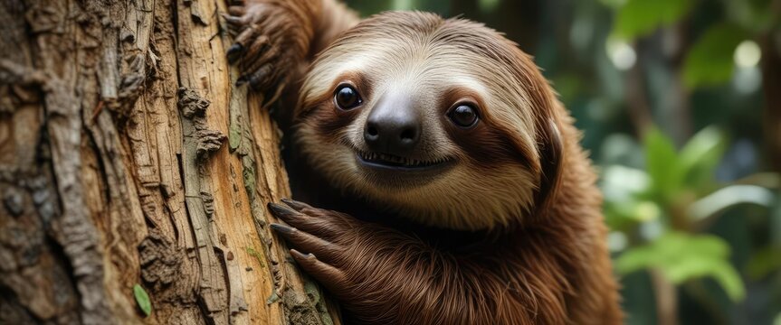 Detailed view of a sloth's claw as it digs into the bark of a tree, nail, dig