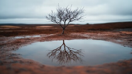 A lone tree's reflection in a shallow pool amidst bare land evokes themes of solitude and resilience in stark, natural beauty.