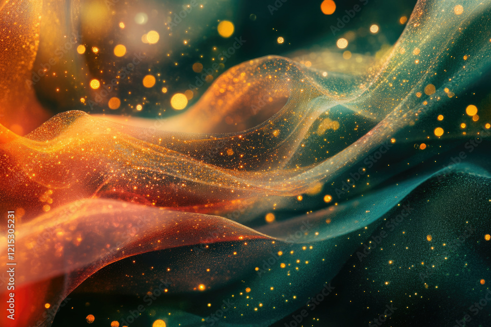 Poster abstract glittering fabric waves with bokeh lights, creating a dreamy, luxurious, and festive atmosp