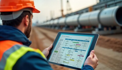 Construction project manager reviews detailed schedule on tablet. Large pipeline construction site visible in background. Emphasizing resource allocation, effective planning for pipeline project.