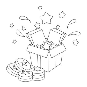 recommend clip art: Line art illustration of a gift box with stars and coins for celebration and surprise themes