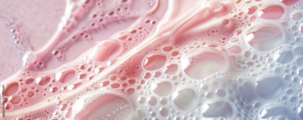 Fototapete close-up view of soap bubbles with a pastel pink gradient, showcasing intricate patterns