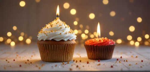 Frosty cupcake with a lit candle and golden sprinkles as the centerpiece, frosted cupcakes, single light source, golden decorations