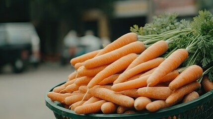 A beautiful assortment of fresh carrots is showcased in a colorful market basket, basking in the sunshine at a delightful local farmers market