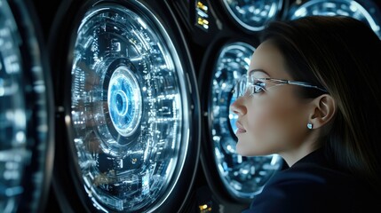 A woman is intently observing various digital displays within a cutting-edge, high-tech environment, highlighting the essence of innovation and advanced technology