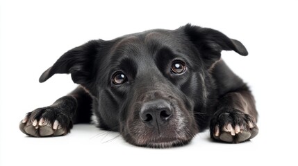 Obraz premium A black dog with expressive eyes rests on a white background. This image captures the beauty and emotions of our furry friends. Perfect for pet lovers. Generative AI