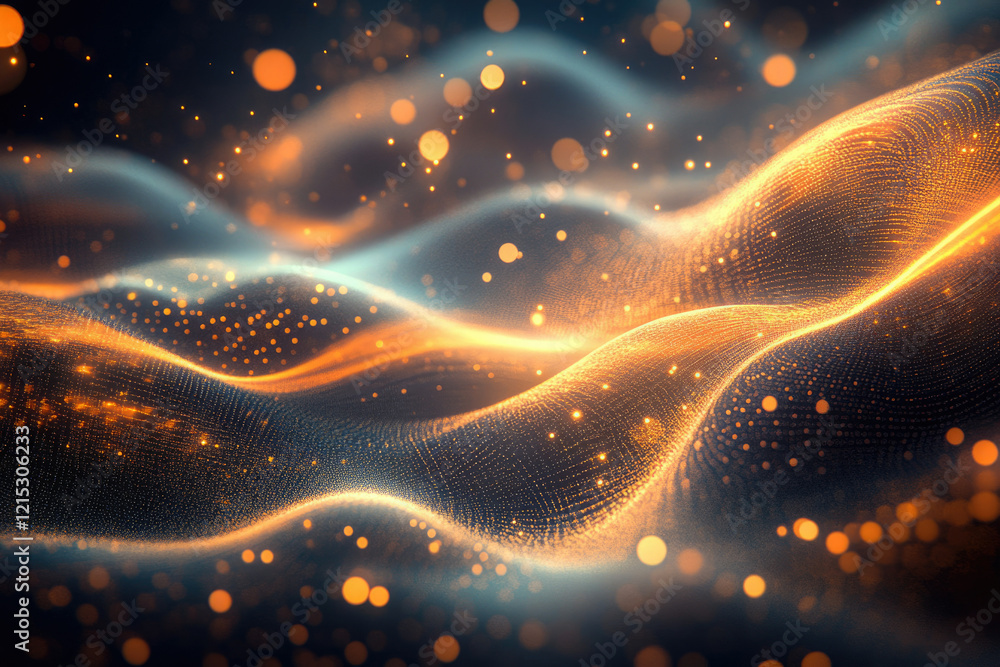 Poster abstract glowing particles forming dynamic waves, shimmering with golden and blue hues.
