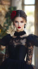 Fototapeta premium Woman in vintage black dress by lamp post, elegant gaze.