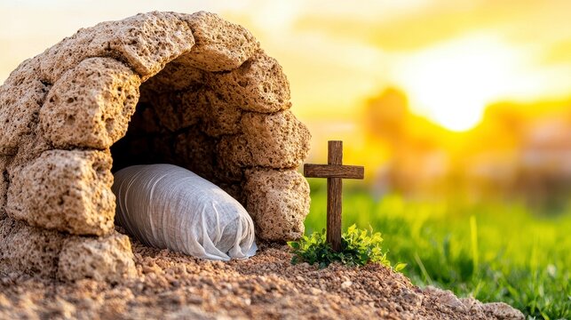 Small stone cribe with a cross placed on top in a natural outdoor setting