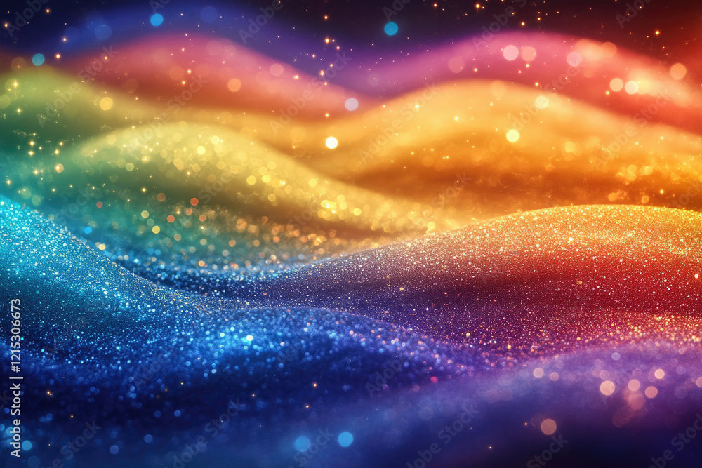 Poster Abstract colorful glitter waves with bokeh lights, creating a magical and dreamy atmosphere.