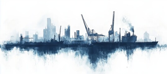 Naklejka premium Harbor skyline at dusk with silhouetted ships and cranes in a coastal city