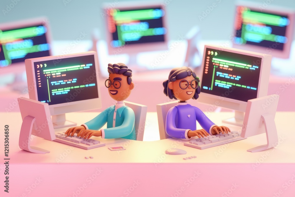 Poster Two 3D cartoon programmers collaborate on coding projects, working diligently at their computers.
