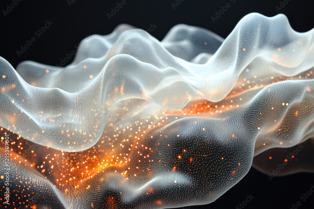 Poster Abstract digital art depicting a flowing, translucent fabric with embedded glowing particles, creating a dynamic and ethereal effect.