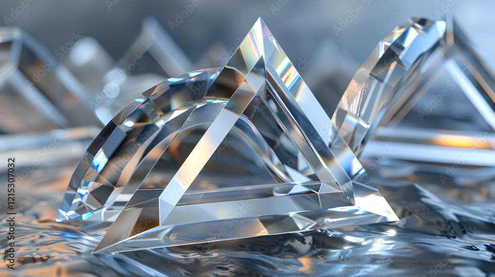 Aufkleber Crystal triangles with light reflections on rippled water background in high-resolution image