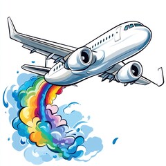 Fototapeta premium Cartoon airplane emitting rainbow exhaust.