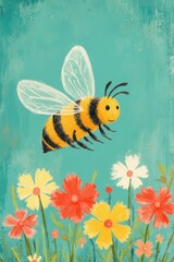 a painting of a bee flying over flowers