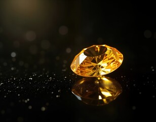 Yellow gemstone shines brilliantly on black background. Precious gem shows facets, sparkles. Gemstone looks luxurious, expensive. Isolated image suitable for jewelry, fashion, luxury branding. Great