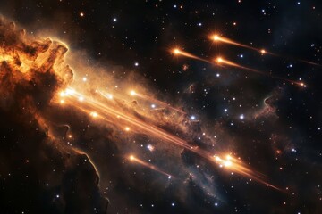 Cosmic eruption with streaks of light illuminating the vastness of space