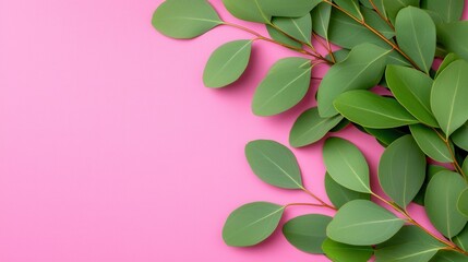 Obraz premium Bunch of vibrant green leaves arranged on a soft pink background creating a natural and colorful composition