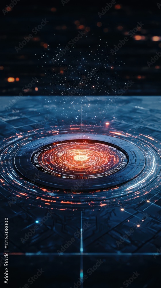 Poster futuristic interface design showcasing augmented reality elements above a sleek surface in a high-te