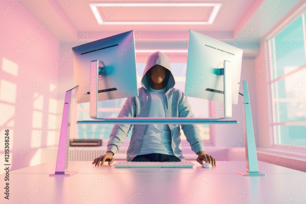 Aufkleber hooded figure hacking multiple computer screens in a brightly lit minimalist office.