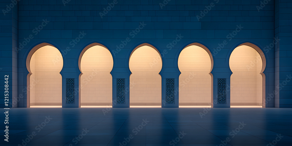 Poster serene evening view of five illuminated arches set against a dark blue wall, creating a tranquil and