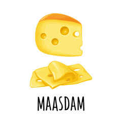 Pieces of cheese maasdam. Vector color icon isolated on white background.