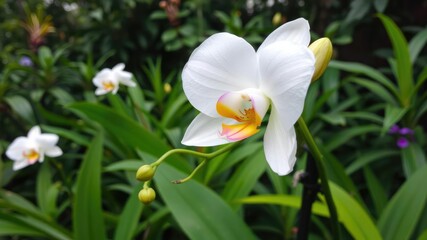 Fototapeta premium Exotic white orchid bloom in a lush green garden, botanical, peaceful, greenery