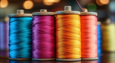 Colorful spools of thread arranged in a vibrant display at a sewing workshop