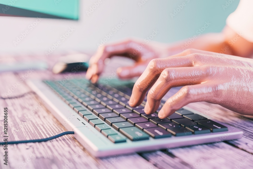 Poster Close-up of hands typing on a keyboard, showcasing digital interaction and technology.