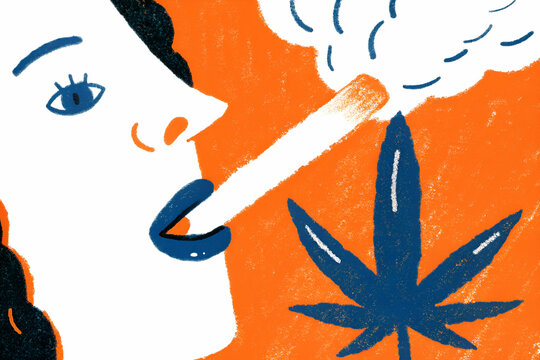A colorful illustration of a woman smoking a joint, surrounded by cannabis leaves, emphasizing a relaxed and modern vibe.