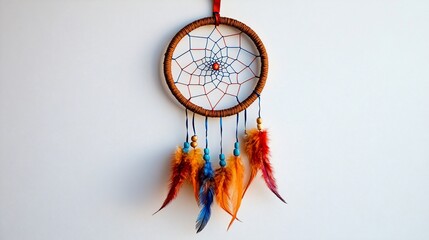 Hanging Dreamcatcher, feathers, studio, white background, spiritual