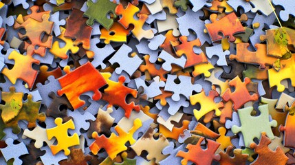Autumnal jigsaw puzzle pieces scattered, tabletop background, problem-solving concept