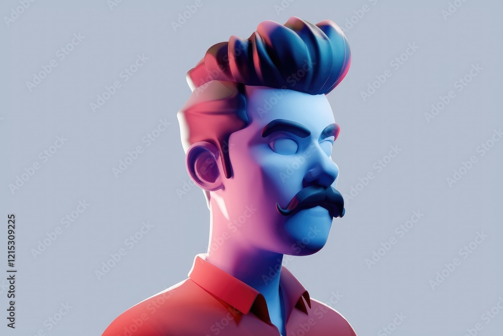 Poster stylized 3d model of a man with a mustache, rendered in cool and warm tones.