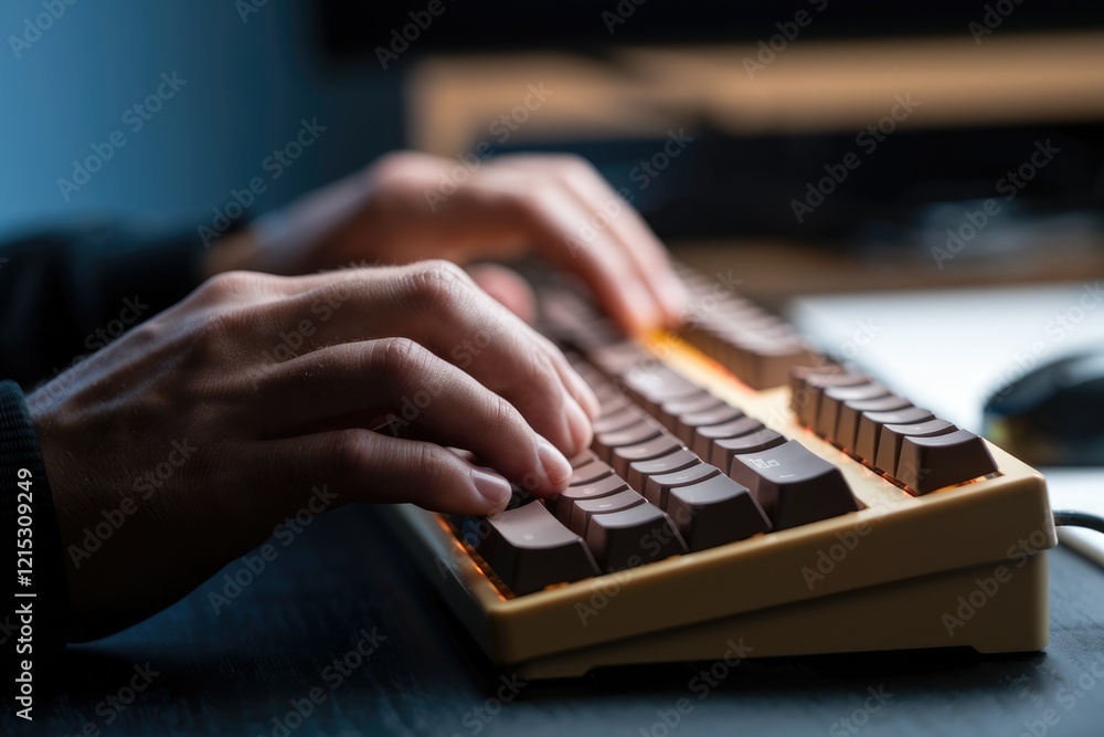 Poster close-up of hands typing on a brown mechanical keyboard in low light.