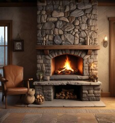 Fire burning in a stone fireplace with a wooden door behind it, rustic decor, cozy room