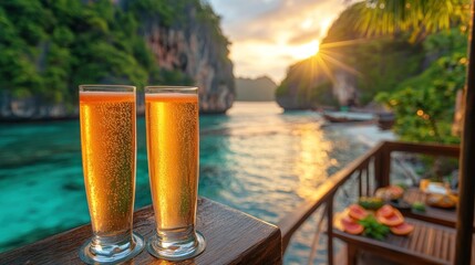 Tropical sunset drinks, ocean view, relaxation