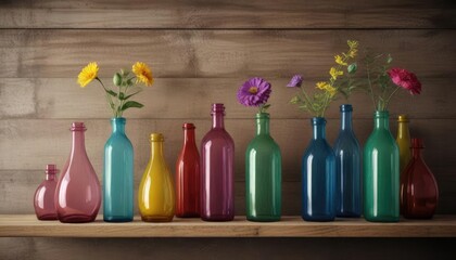 Colorful glass bottles and vases on a wooden shelf, wooden shelves, decorative bottles