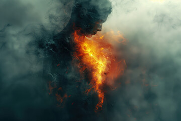 Man with a burning chest, heart attack, burnout at work concept