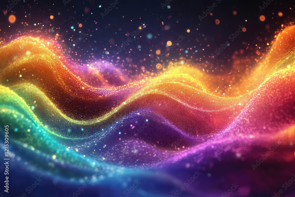 Aufkleber rainbow-colored glittering particles form flowing waves in a dark background, creating a vibrant, ma